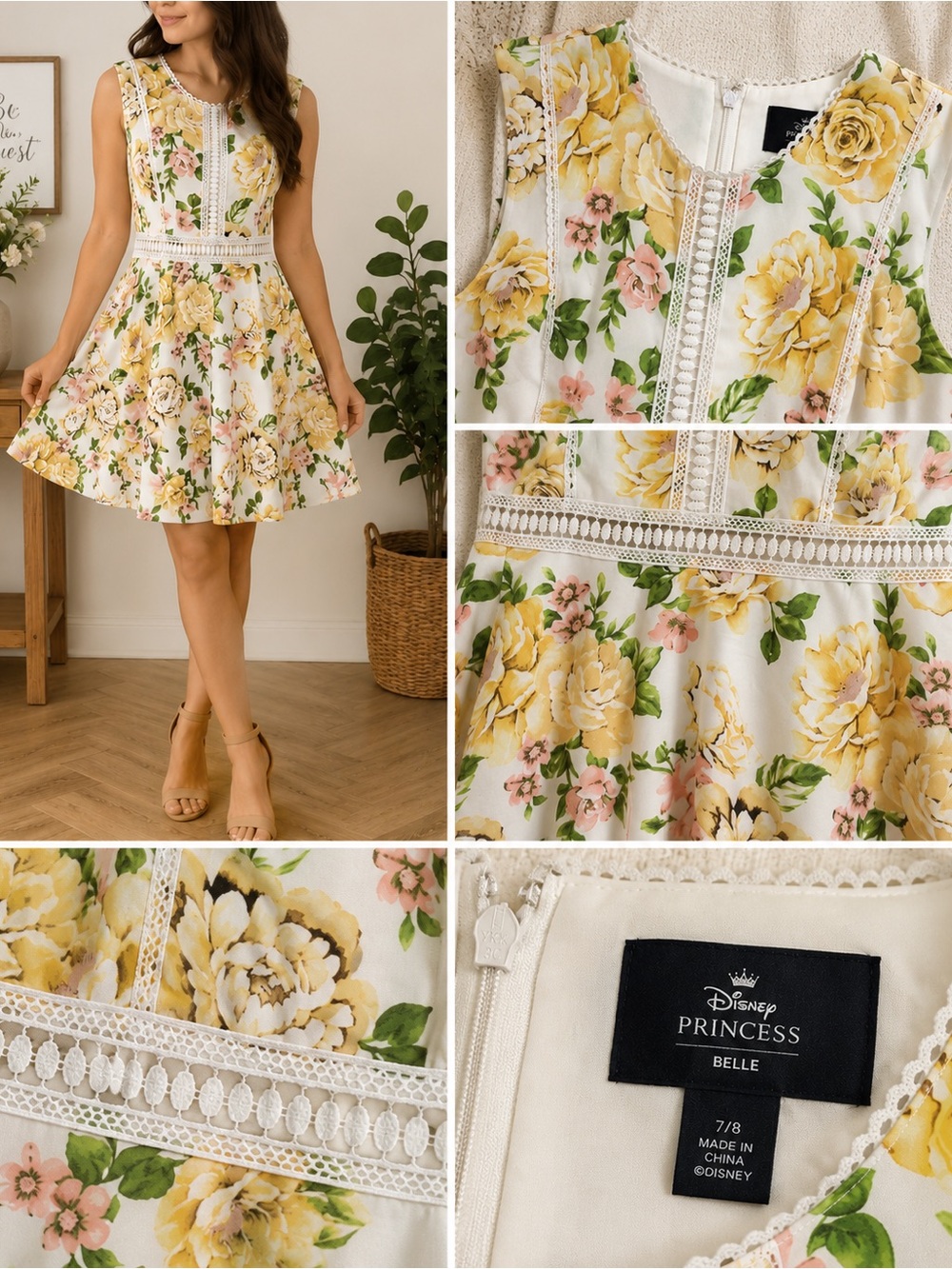 Disney Princess Belle Floral Fit-and-Flare Dress in White, Yellow & Green
